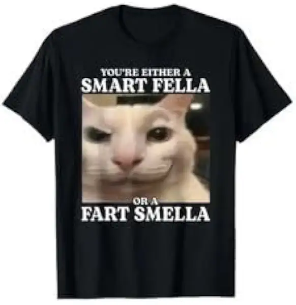 Cotton Funny Cat Meme T-Shirt, You're Either a Smart Fella or a Fart
