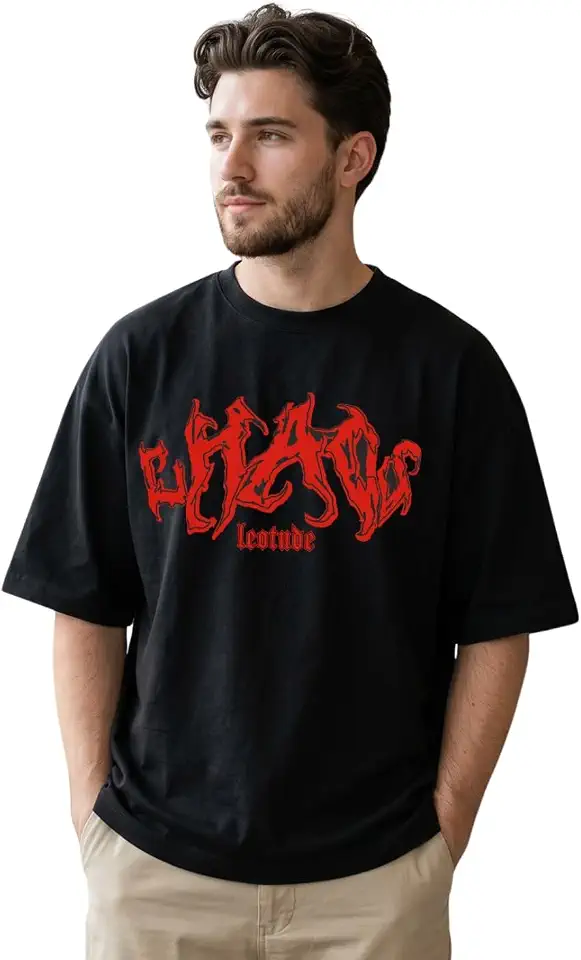 LEOTUDE Men's Oversized Half Sleeve Round Neck Drop Shoulder Baggy Fit Printed Streetwear T-Shirt for Men (Color Black)