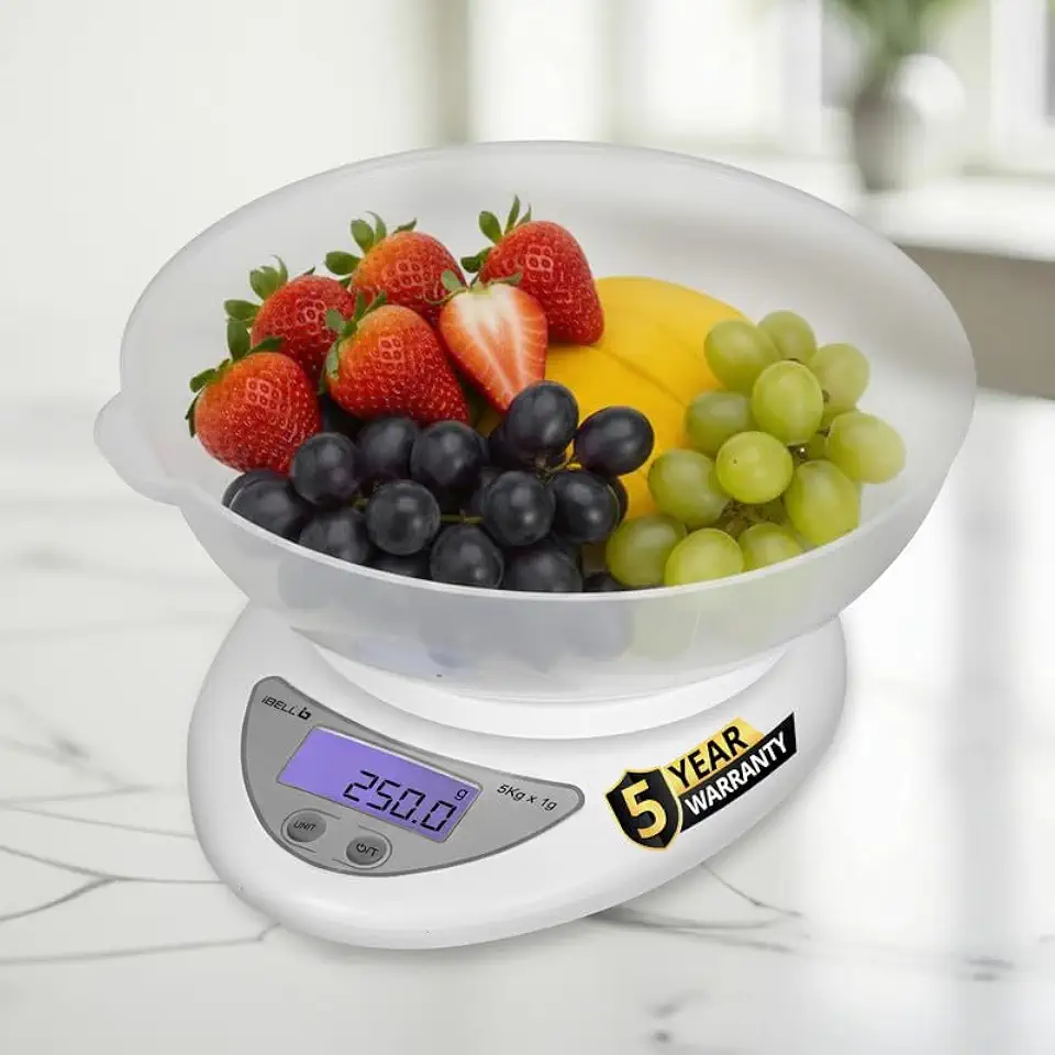 iBELL Digital Kitchen Weighing Scale with LCD Display, Tare Function, up to 5KG, Portable Food Weight Machine for Health, ...