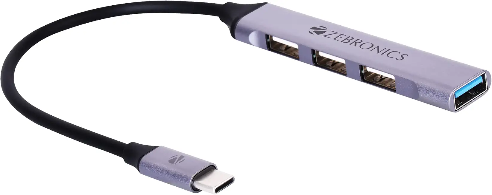 Zebronics TA200U Type C to USB 3.0 4 Port hub with Hi Speed Data Transfer, Aluminum + ABS Body, 15cm Cable, Sleek Design and Plug Play Usage