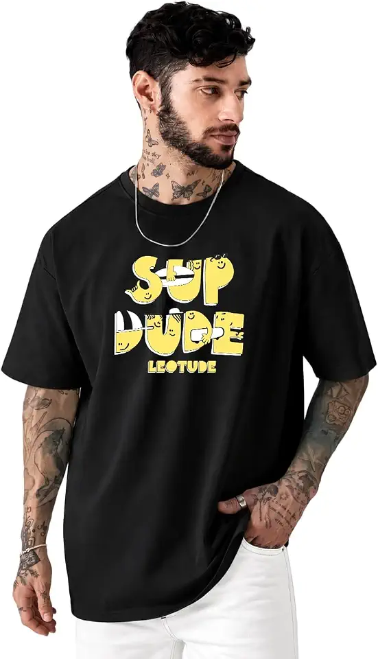 LEOTUDE Men’s Oversized Baggy Fit Drop Shoulder Printed Streetwear T-Shirt | Round Neck Half Sleeve Tshirt for Man | Black