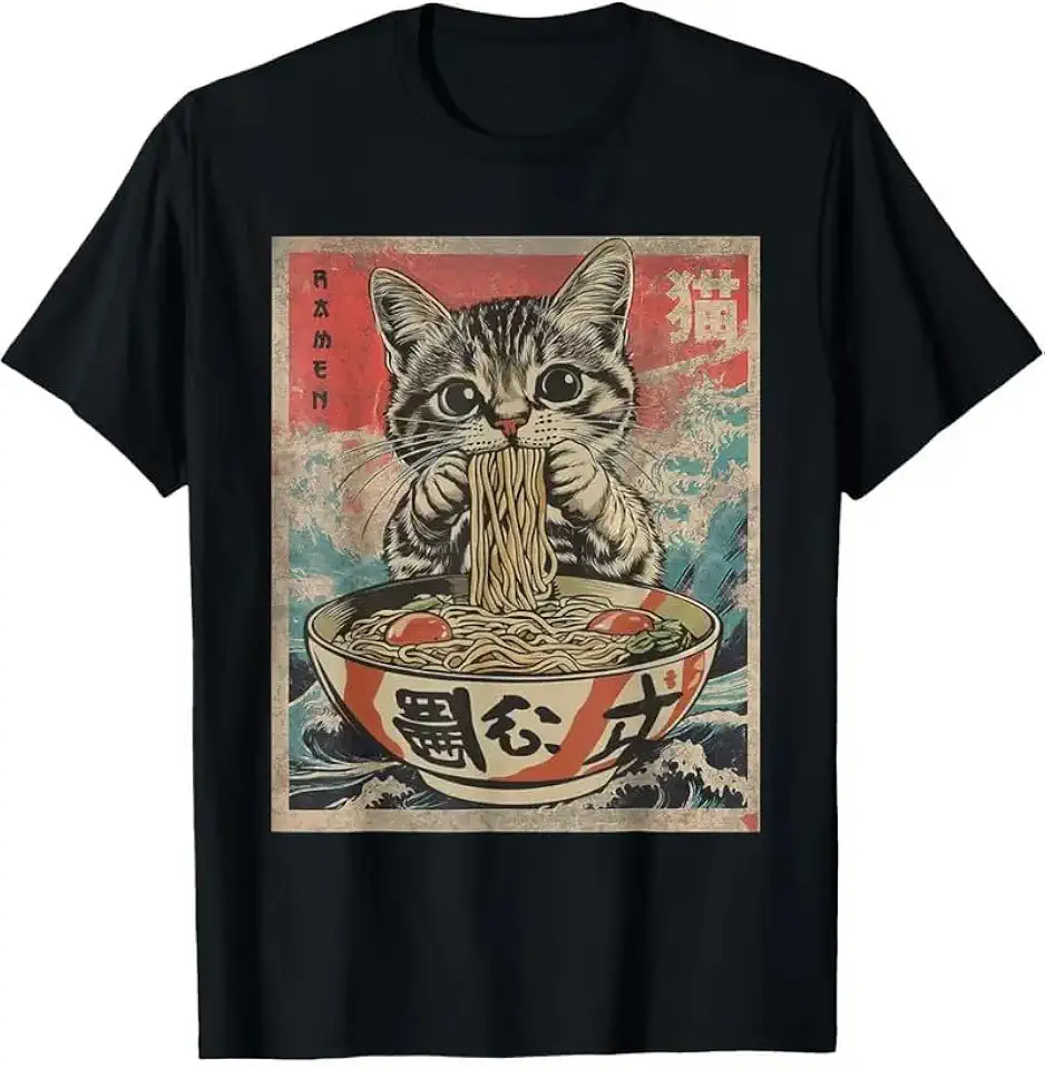 Cat Eating Ramen Kawaii Anime Japanese Food T-Shirt Men's Fashion Trend Pure cot