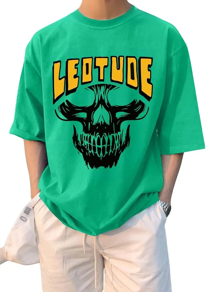 LEOTUDE Half Sleeve Cottonblend Oversized Printed Round Neck Drop Shoulder Tshirt for Man (Color Mint Green)