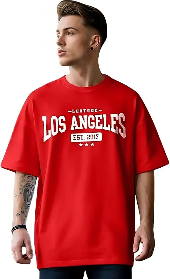LEOTUDE Men Half Sleeve Round Neck Cottonblend Graphic Print Oversized Tshirts (Colour: Red)