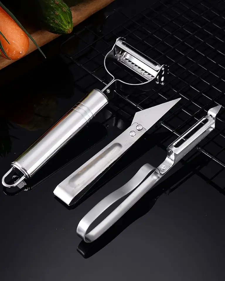 Stainless Steel Peeler Set of 3 | Dual Blade Y Tool, Serrated Cutter & Utility Knife | Vegetable & Fruit Slicer for Potato, Carrot, Cucumber, Apple | Kitchen Gadget Set