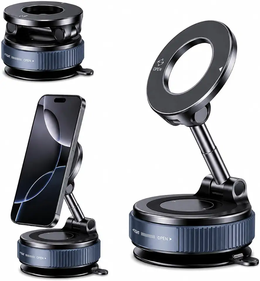(1 Year Warranty) K007 360° Magnetic Vacuum Phone Holder for Car Dashboard & Windshield, Foldable Suction Mount with Adjustable Stand, Strong Magnetic Ring, Universal Smartphone Holder for All Phones