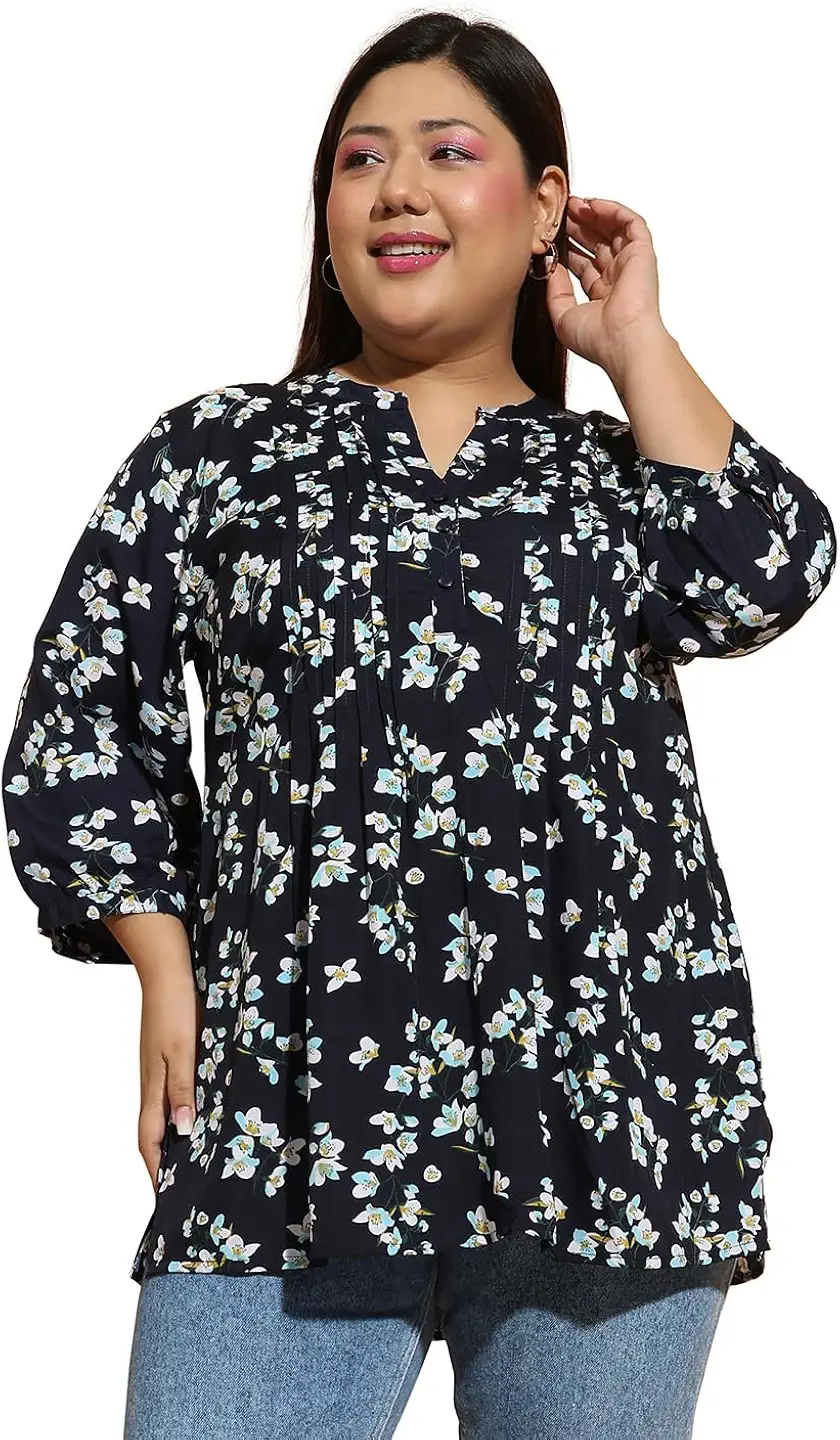 Women Plus Size Navy Blue Floral Print Top with Mandarin Collar & Three-Quarter Sleeves Pary Wedding Festivals 2XL / 3XL / 4XL / 5XL / 6XL / 7XL / 8XL