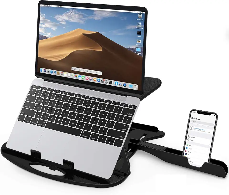 STRIFF Adjustable Laptop Tabletop Stand Patented Riser Ventilated Portable Foldable Compatible with MacBook Notebook Tablet Tray Desk Table Book with Free Phone Stand (Black)