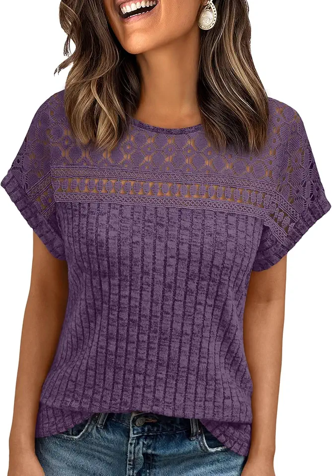 AUTOMET Womens Lace Short Sleeves Shirts Crochet Summer Tops | Dressy Business Casual Blouses
