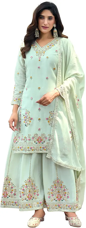Women’s Embroidered Palazzo Suit Set with Dupatta | Designer Ethnic Wear Kurta Set | Party Couture & Festive Traditional Indian Outfit for Women & Girls (PISTA, XL)