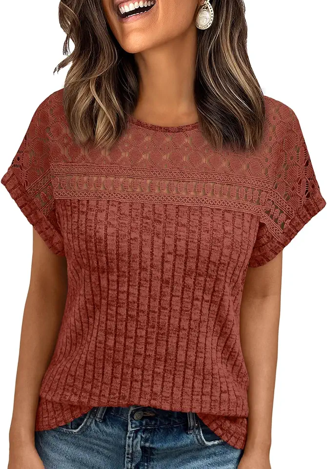 AUTOMET Womens Lace Short Sleeves Shirts Crochet Summer Tops | Dressy Business Casual Blouses