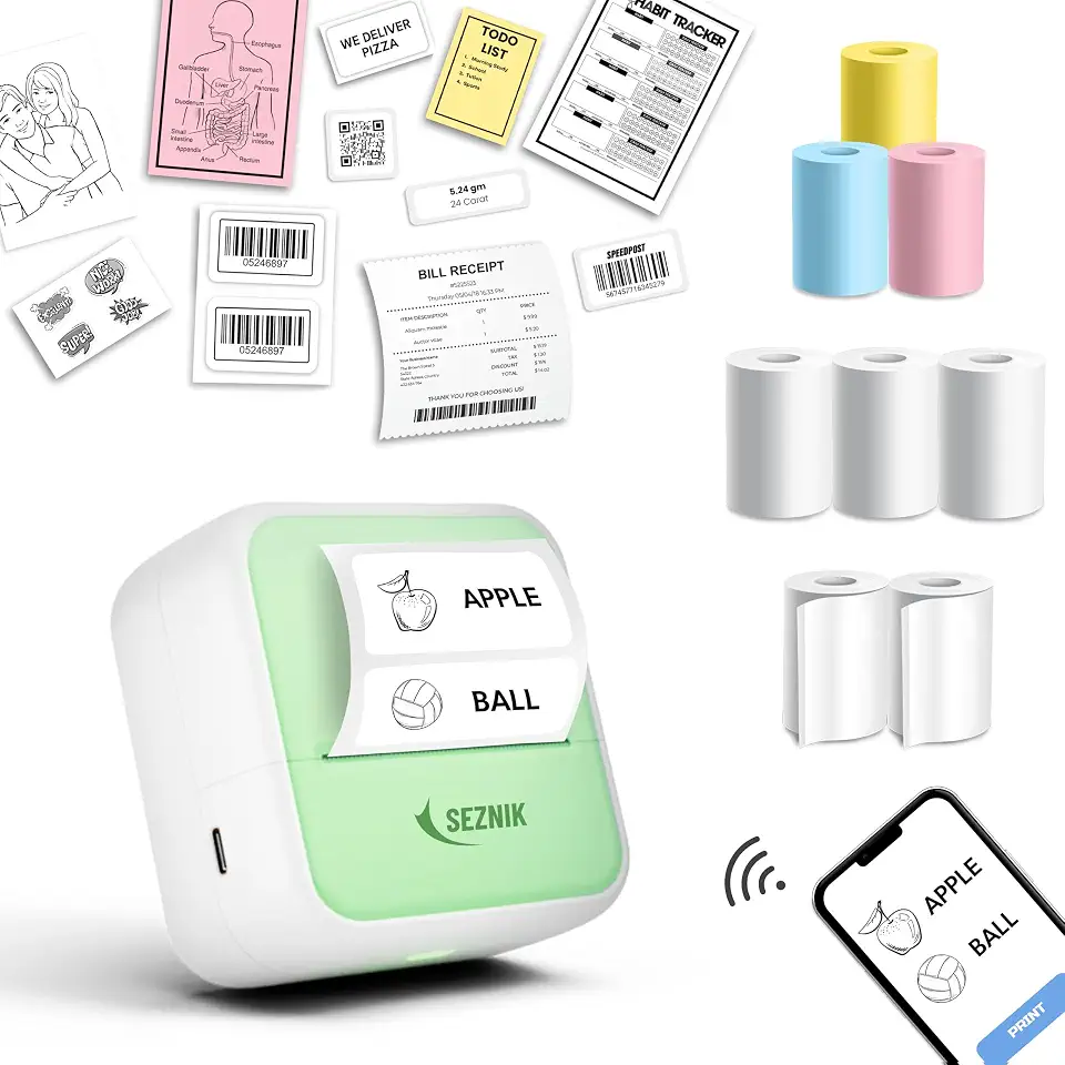 SEZNIK Mini Printer, Inkless, Thermal, Bluetooth, Portable Printer, Compatible Android, iOS Mobile. 1 Year Warranty (Mini...