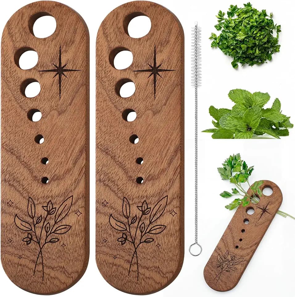 LemonRoad 2 Pcs Wooden Herb Vegetable Leaf Strippers with Cleaning Brush Natural Wood Leaf Separator Tool 7 Hole Sizes Fun...