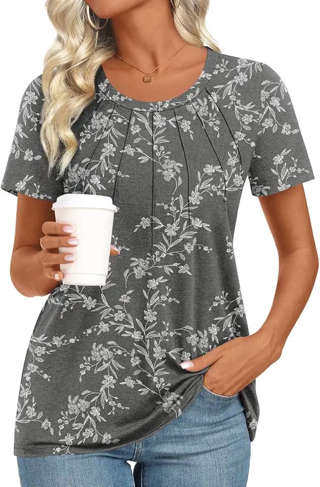 Addtoo Womens Tops 2026 Summer Casual Shirt Short Sleeve Blouse Pleated Front Trendy Tunic M-3XL
