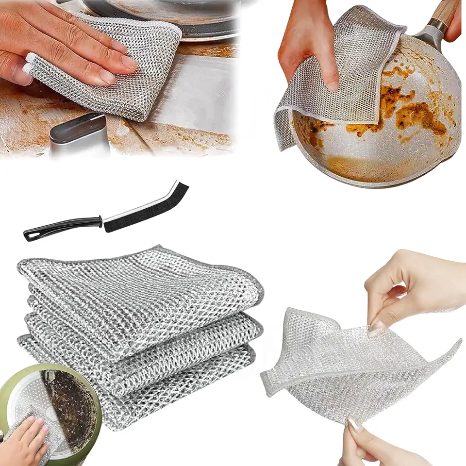 3 Pack Non-Scratch Wire Dishcloth & Gaps Cleaning Brush, Multipurpose Wire Dishwashing Rags for Wet and Dry, Easy Rinsing, Reusable, Wire Cleaning Cloth for Kitchen, Sinks, Pots, Pans