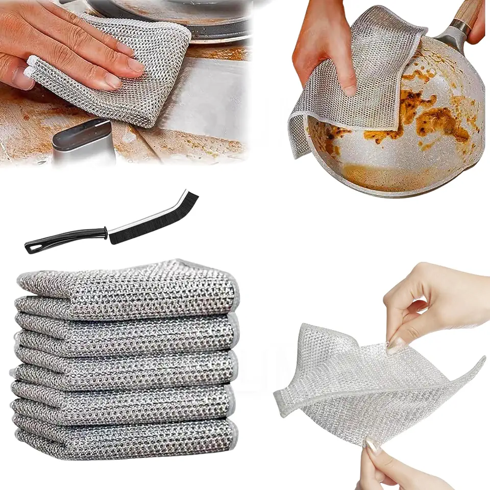 5 Pack Non-Scratch Wire Dishcloth & Gaps Cleaning Brush, Multipurpose Wire Dishwashing Rags for Wet and Dry, Easy Rinsing, Reusable, Wire Cleaning Cloth for Kitchen, Sinks, Pots, Pans