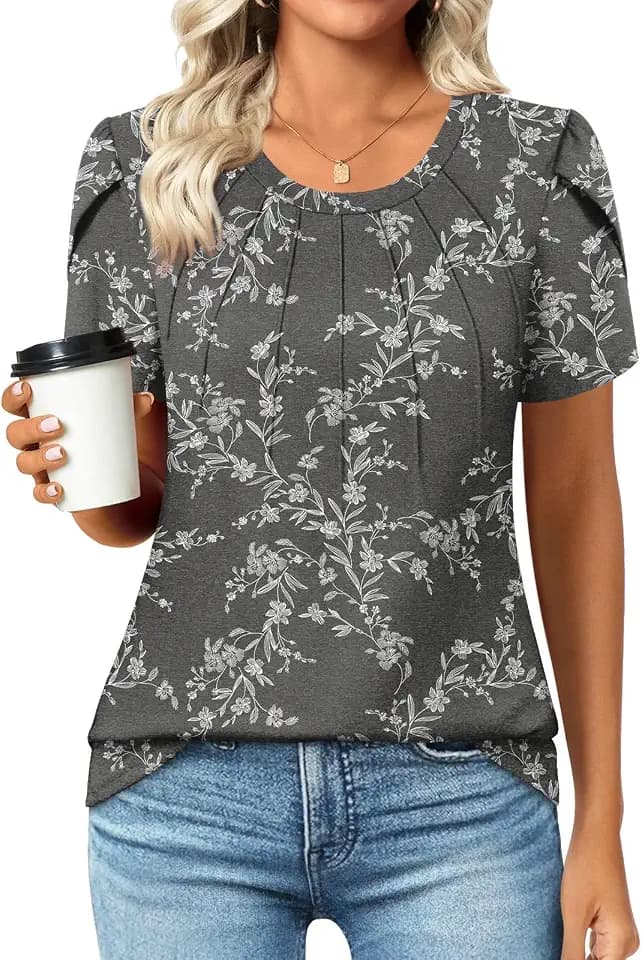 Anyhold Womens Tops Dressy Casual Summer Short Sleeve Blouse Dress Shirt