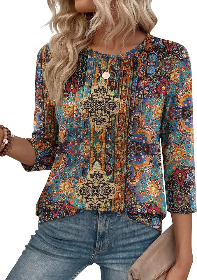Zeagoo 3/4 Length Sleeve Womens Tops Crew Neck Loose Fit Shirts Pleated Cute Clothes Dressy Casual 2026 Summer Tunics