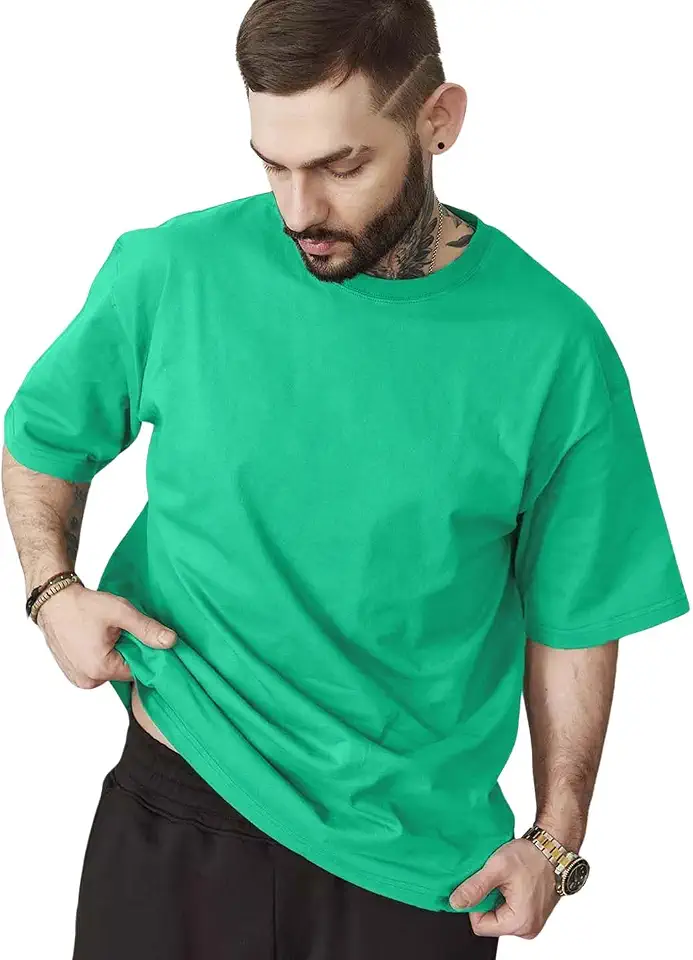 LEOTUDE Men Half Sleeve Round Neck Cottonblend Plain Solid Oversized Tshirts (Colour: Rama Green)