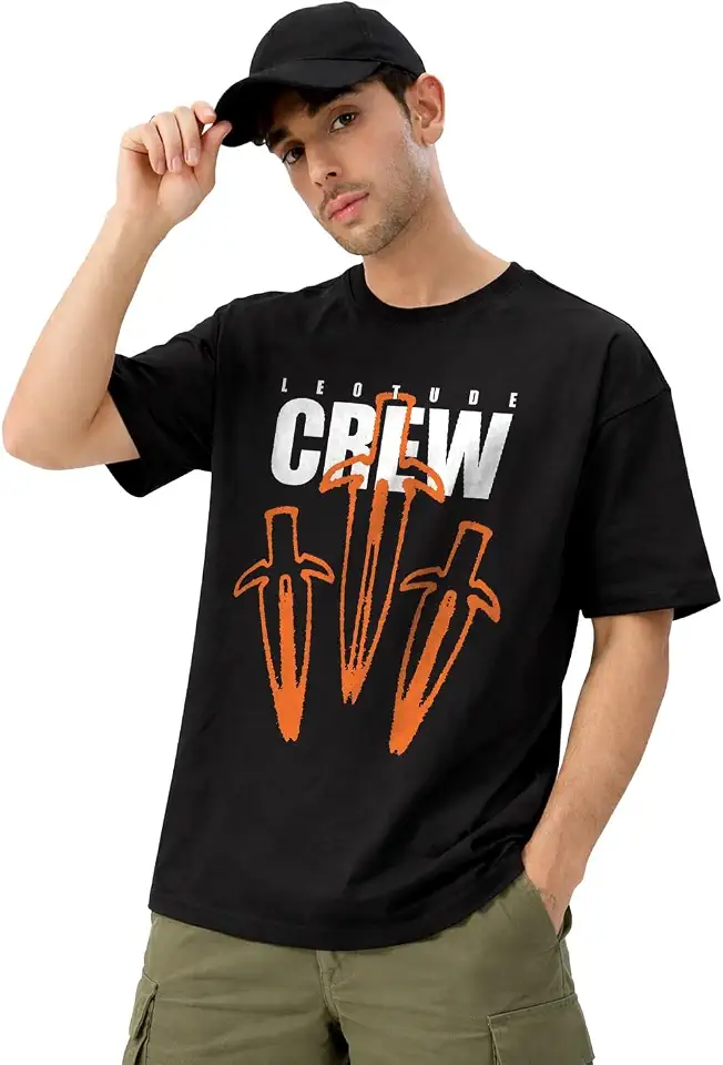 LEOTUDE Men’s Oversized T-Shirt, Drop Shoulder Loose Fit Streetwear Tee with Graphic Front Print – Stylish Urban Casual To...