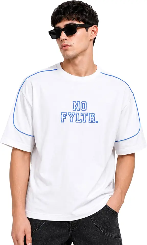 FYLTR Mens Casual Embroidered Solid T-Shirt for Men – Crew Neck | Drop Shoulder | Half Sleeve | Oversized Fit | Casualwear...