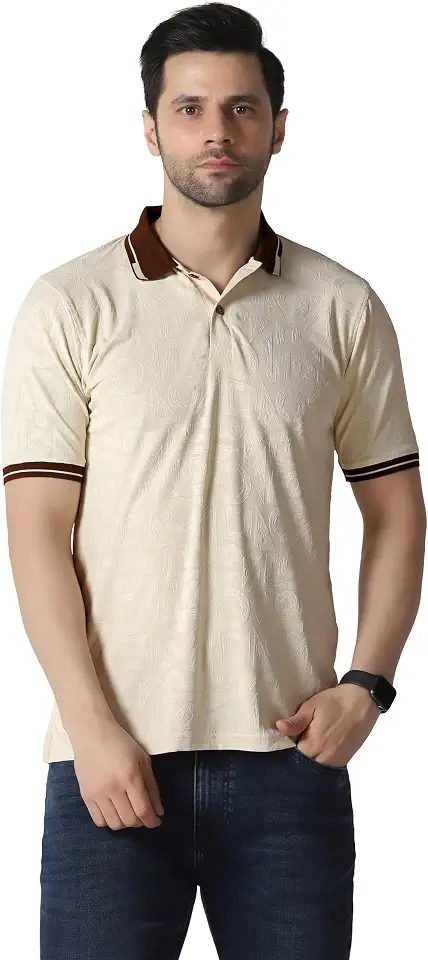 TOPLOT Men's Premium Jacquard Polo T-Shirt | Geometric Textured Design | Contrast Collar & Cuffs | Soft Breathable | Perfe...